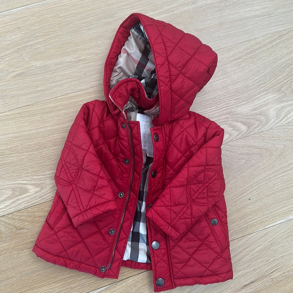 6mth red unisex Burberry quilted fall/winter coat. Mint condition.